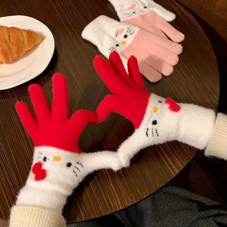 

2025 The New Hot-selling Cute Cartoon Cat Stitching Thickened Warm Gloves Autumn and Winter Riding Outdoor Plush Gloves