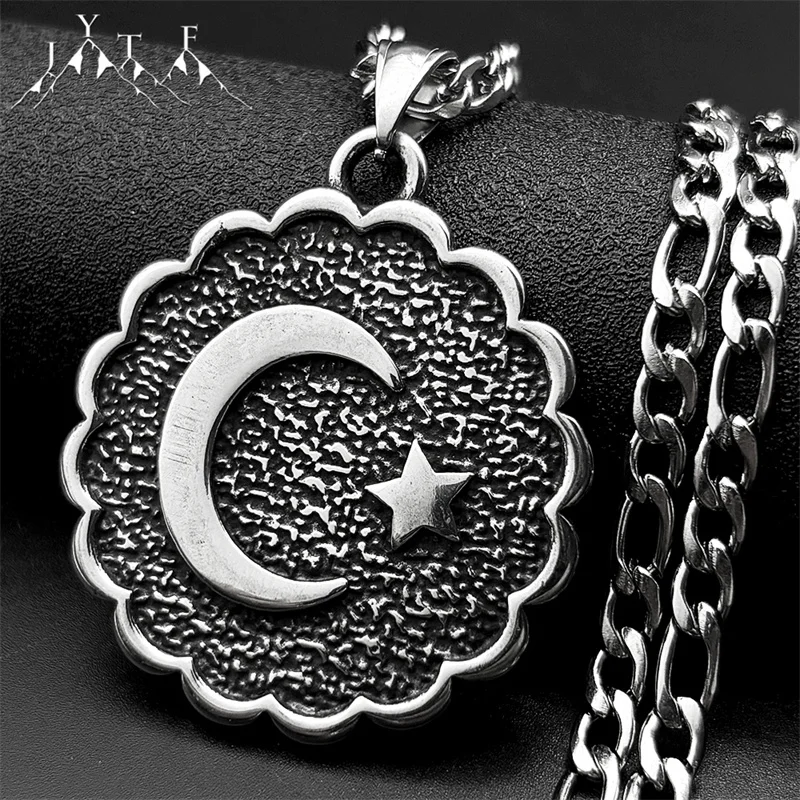 

Muslim Star Crescent Moon Arabic Pendant Necklace for Men Stainless Steel Silver Color Spiritual Islamic Talisman Chain Jewelry