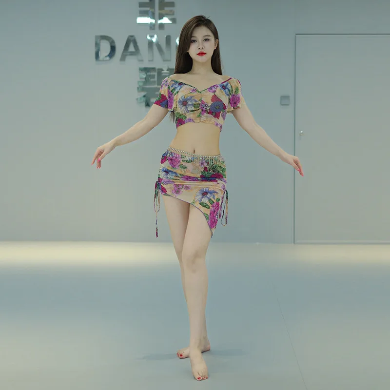 Conjunto de roupa personalizada para prática de dança do ventre, com impressão de gaze de água e padrões florais, fantasia de performance plus size