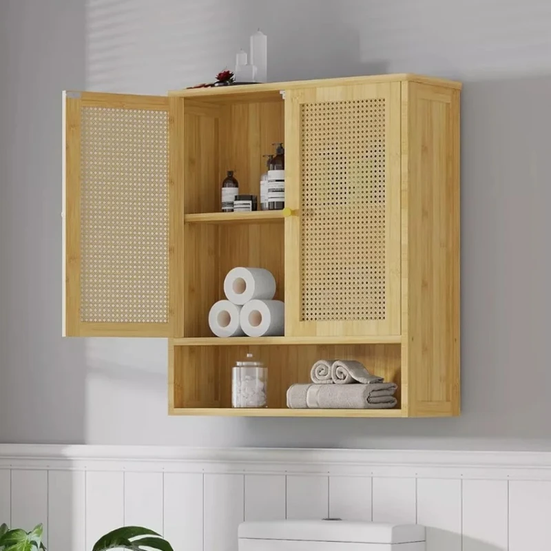 Wall Cabinet Over The Toilet Kitchen Living Room Storage Cabinet w/ 3 Shelves Medicine Cabinet 2-Door