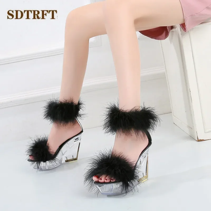 

Туфли для вечеринок в ночном клубе для девочек, босоножки на высоком каблуке 10 см на танкетке с кристаллами для женщин, Sandalia Feminina, прозрачные туфли-лодочки из искусственного меха