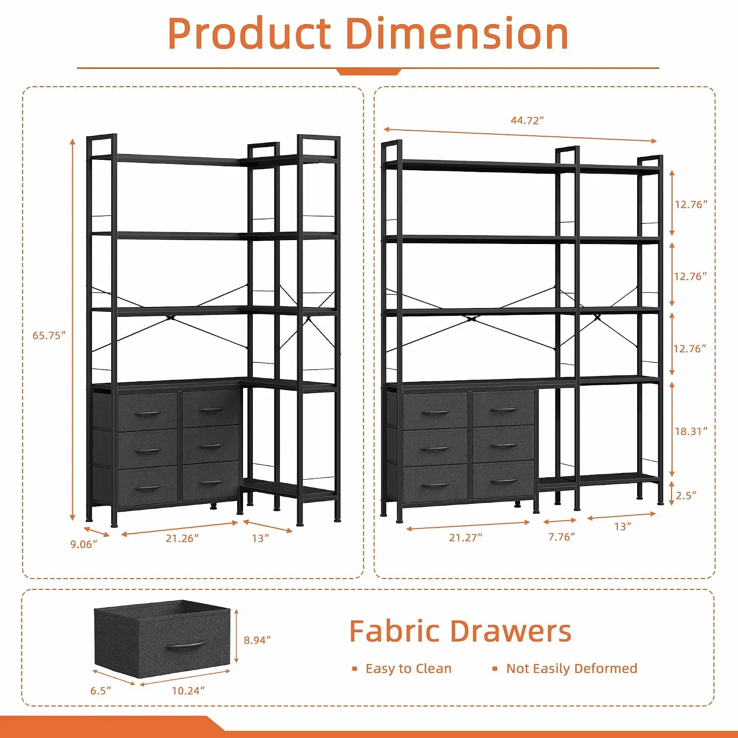 5 Tier Corner Bookshelf with LED Lights and 6 Drawers, Black