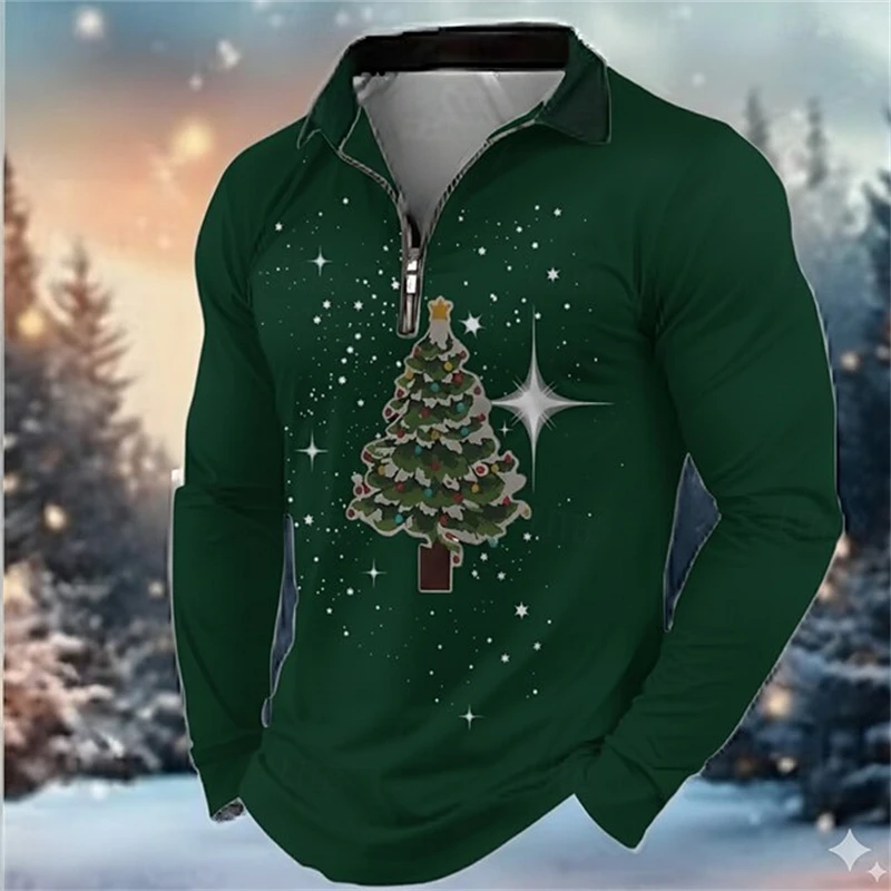الرجال عيد الميلاد على غرار سحاب أكمام طويلة قميص بولو ثلاثية الأبعاد الكرتون شجرة عيد الميلاد نمط مريح تنفس قميص رجالي #3