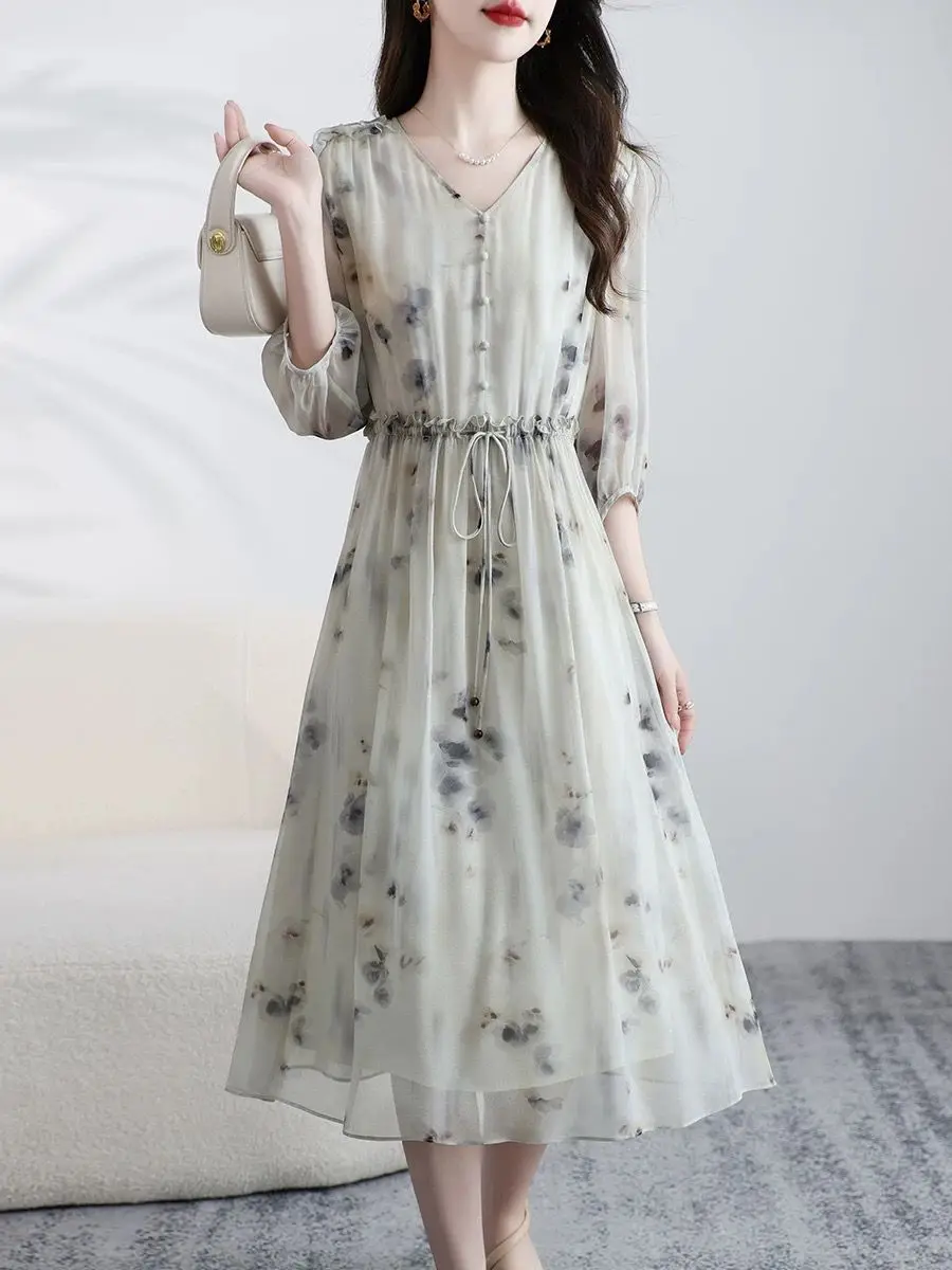 Boho-Print Chiffon Chic Applikationen Midikleid Damen Sommer Elegantes Bodycon Rüschen V-Ausschnitt Kleid 2026 Koreanische Mode Freizeitkleid