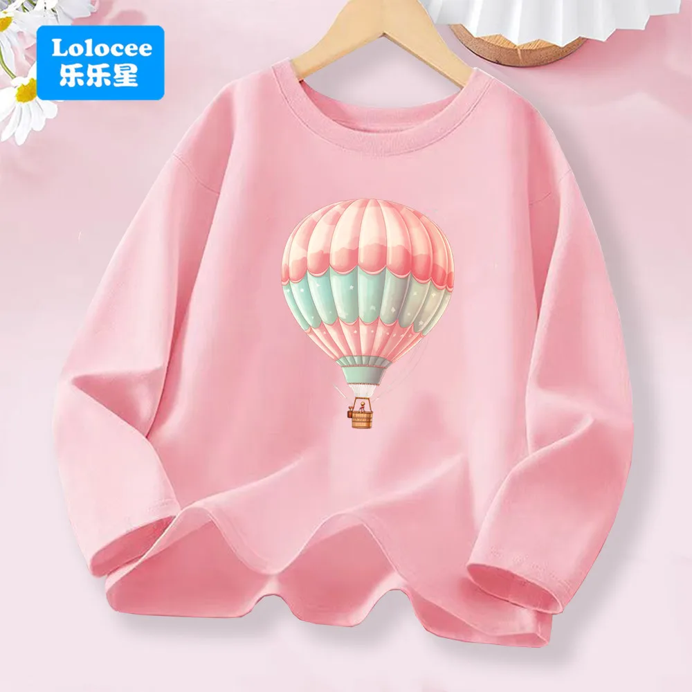 Lolocee Kids Cotton T-shirt Pink Hot Air Balloon Print, Graphic Cute Long - Sleeve Top Spring Autumn Girls' Fashion Wear RQQ01
