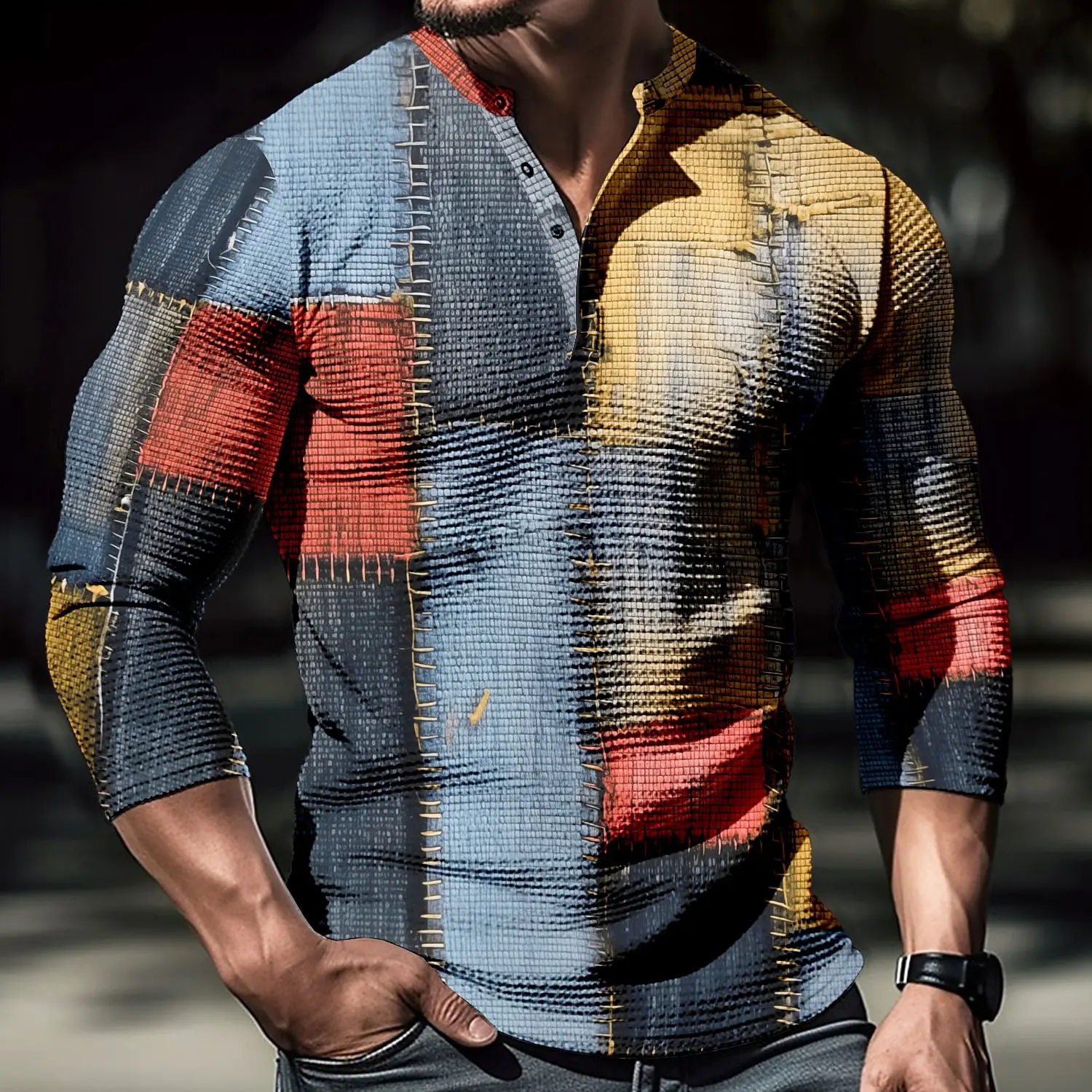 Patchwork Color Block 3D Printed Vintage Henley Shirts Men's Fashion Oversized Button Long Sleeve T Shirt Tees Tops Man Clothing