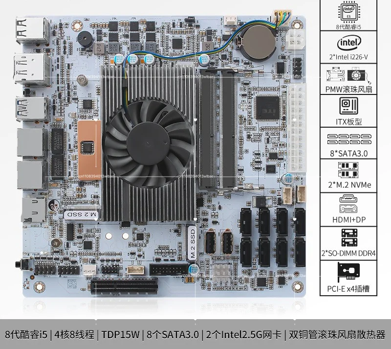 8SATA + Dual M.2 + Dual DDR，8 Disks - I5-8265UES Onboard