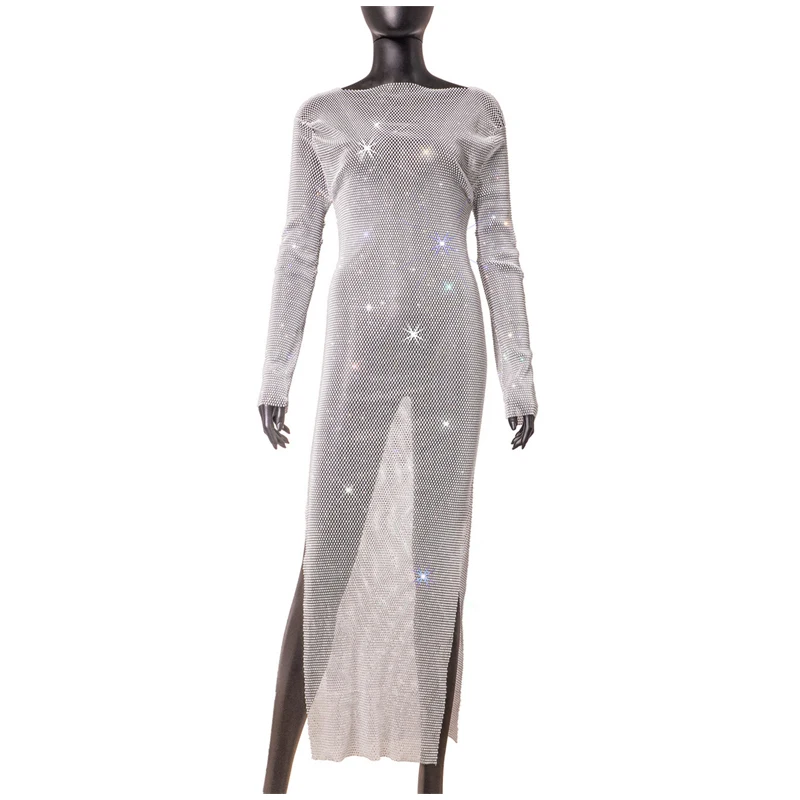 Hochwertiges langes Kleid für Damen mit funkelnden Strass-Steinen, Fischnetz, Rundhalsausschnitt, lässiges Tanzkleid, ausgehöhlt, für Nachtclub-Partys – Detail 12