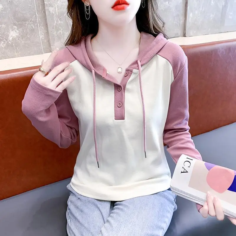 Spring Autumn Casual Patchwork Blouse Fashion Contrasting Colors Women\'s Clothing Hooded Drawstring Button Korean Straight Shirt