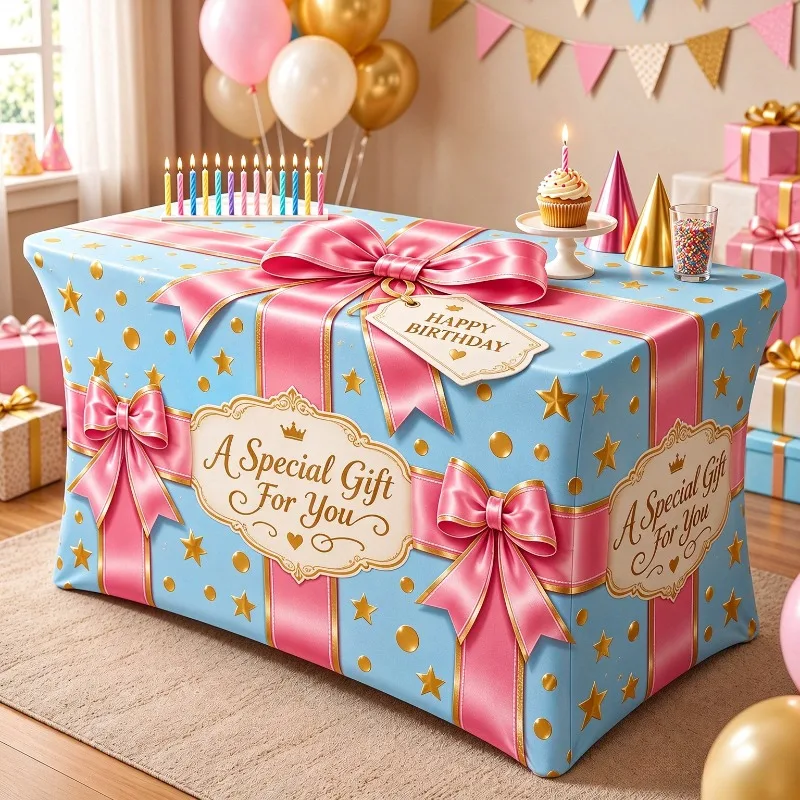 2D Flat Cake Gift Printing Table Cover Birthday Party Decorative Tablecloth Rectangular Dustproof Tablecloth for Birthday Party
