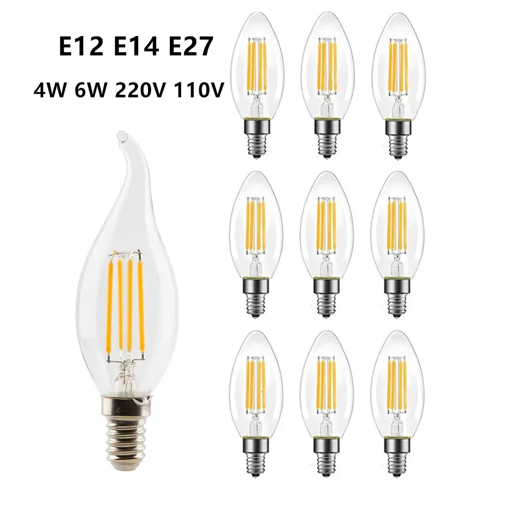 10PCS LED Bulb Filament Candle Lamp C35 E14 E12 E27 4W 6W 8W 110V 220V Dimmale Edison Retro Antique Vintage Style Chandelier