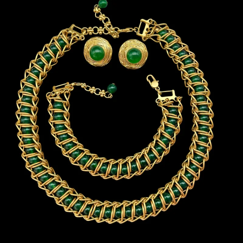 Vintage Black White Pearl glass Bead Metal Chain Necklace Earring Bracelet Women's Fashion Accessories Personality Jewelry Sets