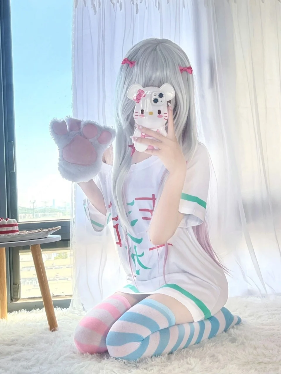 Asymmetrical Pink/Blue Striped Thigh-High Socks, Harajuku Women's Anime Kawaii 2-Piece Set - Oversized Graphic Print T-Shirt