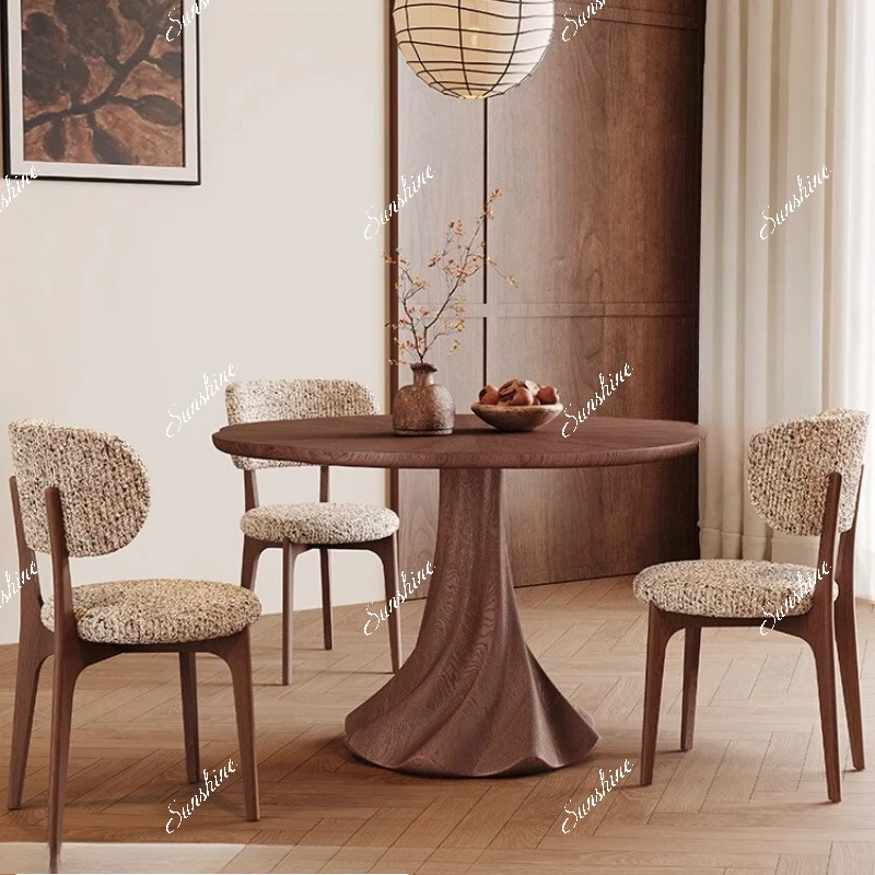 Medieval solid wood dining table round small apartment, full towing solid wood household round table