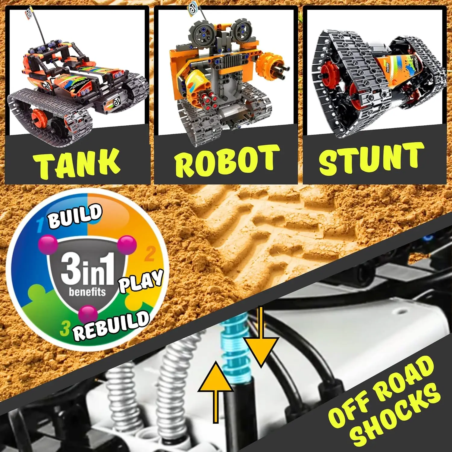 3-in-1 STEM Building Blocks RC Cars Kit for Boys 8-14 - Remote Control Vehicle and Robot Building Toys, Cool Birthday Gift Idea for Kids Ages 8-12