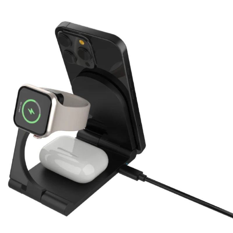طوي 3 في 1 شاحن لاسلكي حامل الوسادة سطح المكتب محطة شحن سريعة آيفون/سماعات/محطة شحن الساعة