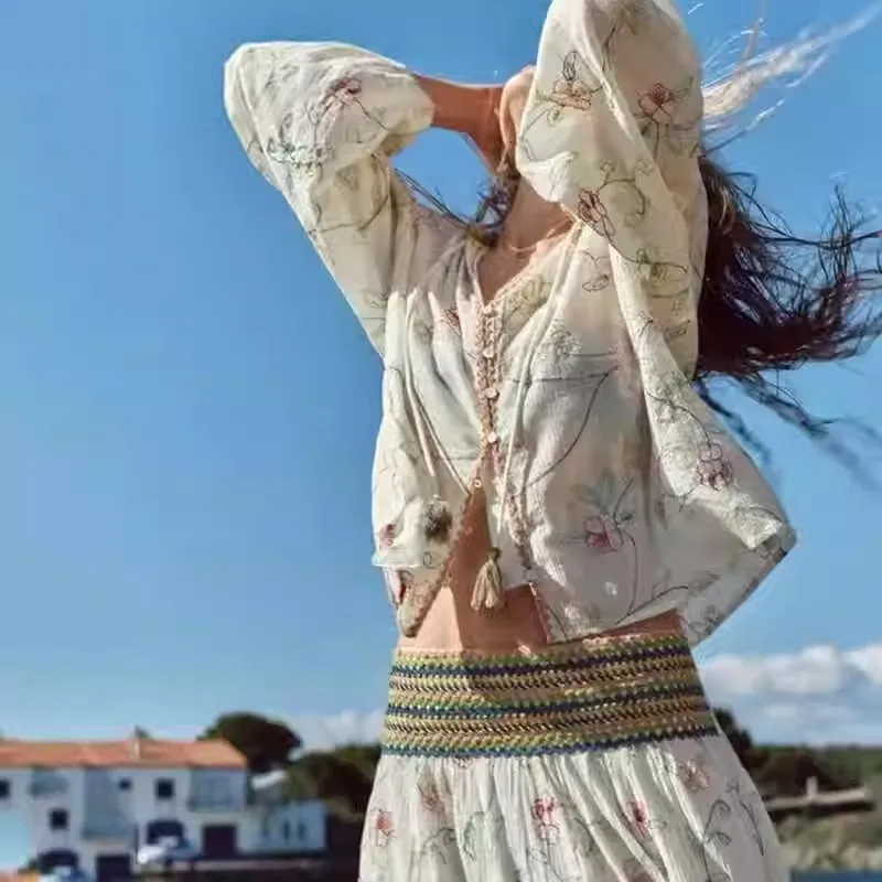 Été 2024 ample femmes irt broderie florale nouveauté longue Sve col carré motif imprimé décontracté Faion