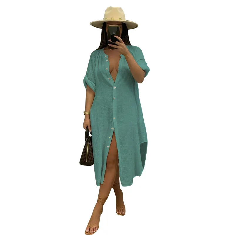 Swimming Dress For Woman Beach Outing Bikini Tunic Cover Ups Set Summer Kaftan Shirt Sexy Casual New Polyester Saida De Praia