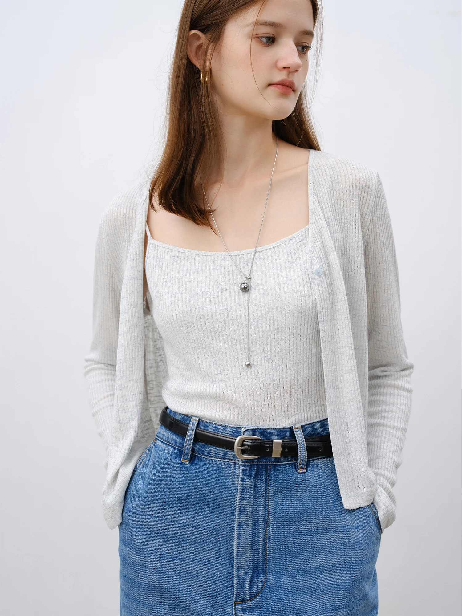 ZIQIAO Light Knitted Suspenders Two-piece Suit for Women 2025 Early Spring New Design Cardigan Chic Shirt Elegant Top 25ZQ91140