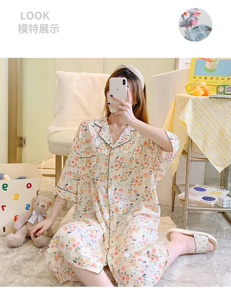 Plus Size Sleeping Dress Cotton Floral Printing Night Gown Three Quarter Sleeves Sleepshirt Loose Nightwear Summer Home Clothing