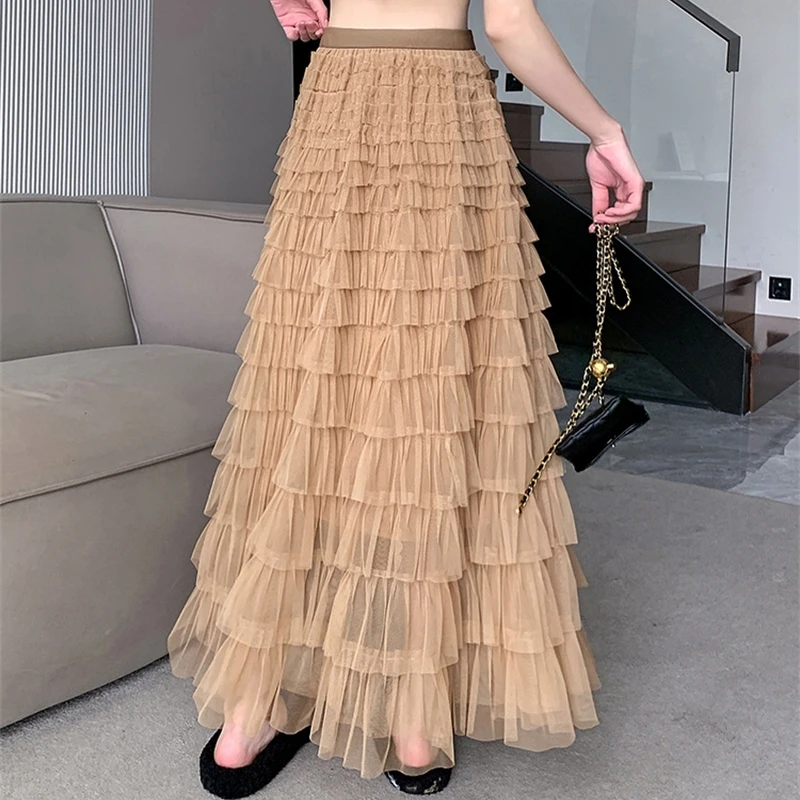 Mesh Chiffon Skirt Spring Autumn Dress 2024 Women's Fashion Prom Maxi Mid-Length Cake Skirt Chic Evening Midi Fairy Yarn Skirt