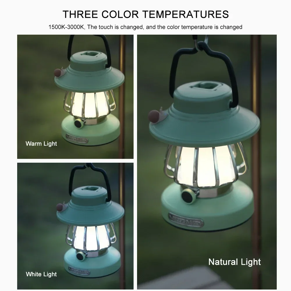 Retro LED Night Light Rechargeable Tent Hanging Lights 3 Colors Stepless Dimming Camping Lantern Portable Emergency Desktop Lamp