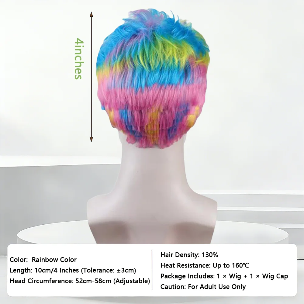 Rainbow Full Head Wig Men Short Curly Wig Multicolor Heat Resistant Synthetic Hair For Carnival Halloween Cosplay Daily