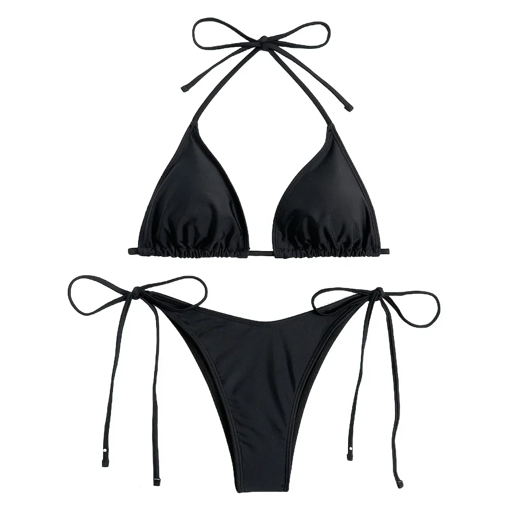 Sexy Women G-string Thong Solid Color Bikini Set Halter Tie Swimsuit Swimwear