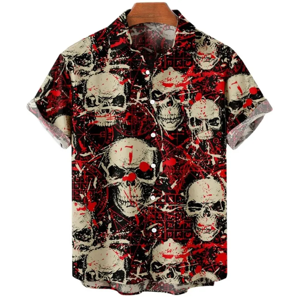 Vintage Men\'s Shirts Demon Horror Skull Shirt Tops 3D Printed V-Neck Oversized Casual Designer Y2k Clothes Male Punk Streetwear