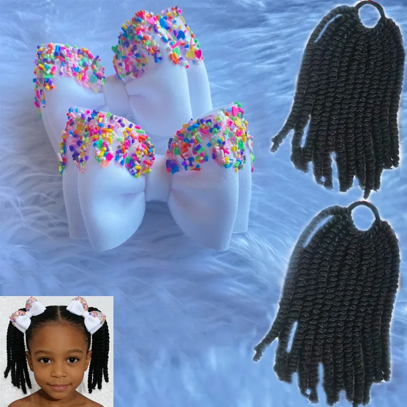 

2 шт. детских синтетических накладных хвостиков-косичек с эффектом завитка, легко устанавливаемые аксессуары для волос для темнокожих девочек