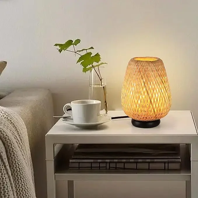 ALPINALUZ Wicker bamboo table lamp: Living room contemporary ambient light, Cable switch plug-in for bedroom and living room