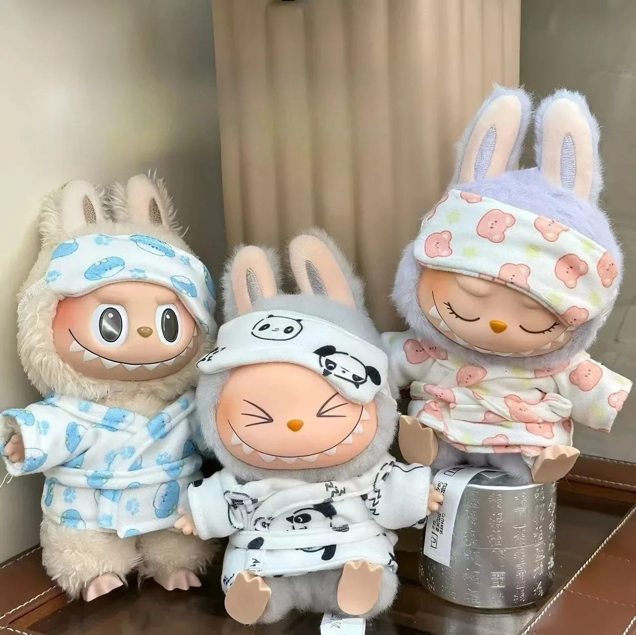 15-17cm Labubu Mini Pajamas with Eye Mask Three-piece Kawaii V1 V2 Labubu Clothes Cute Idol Plush Doll Accessories Kids Gifts