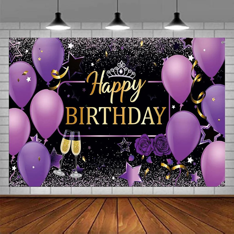 

Photography Backdrop Happy Birthday Sign Party Supplies Purple Balloons Background With Rose For Favor Women Girl Celebration