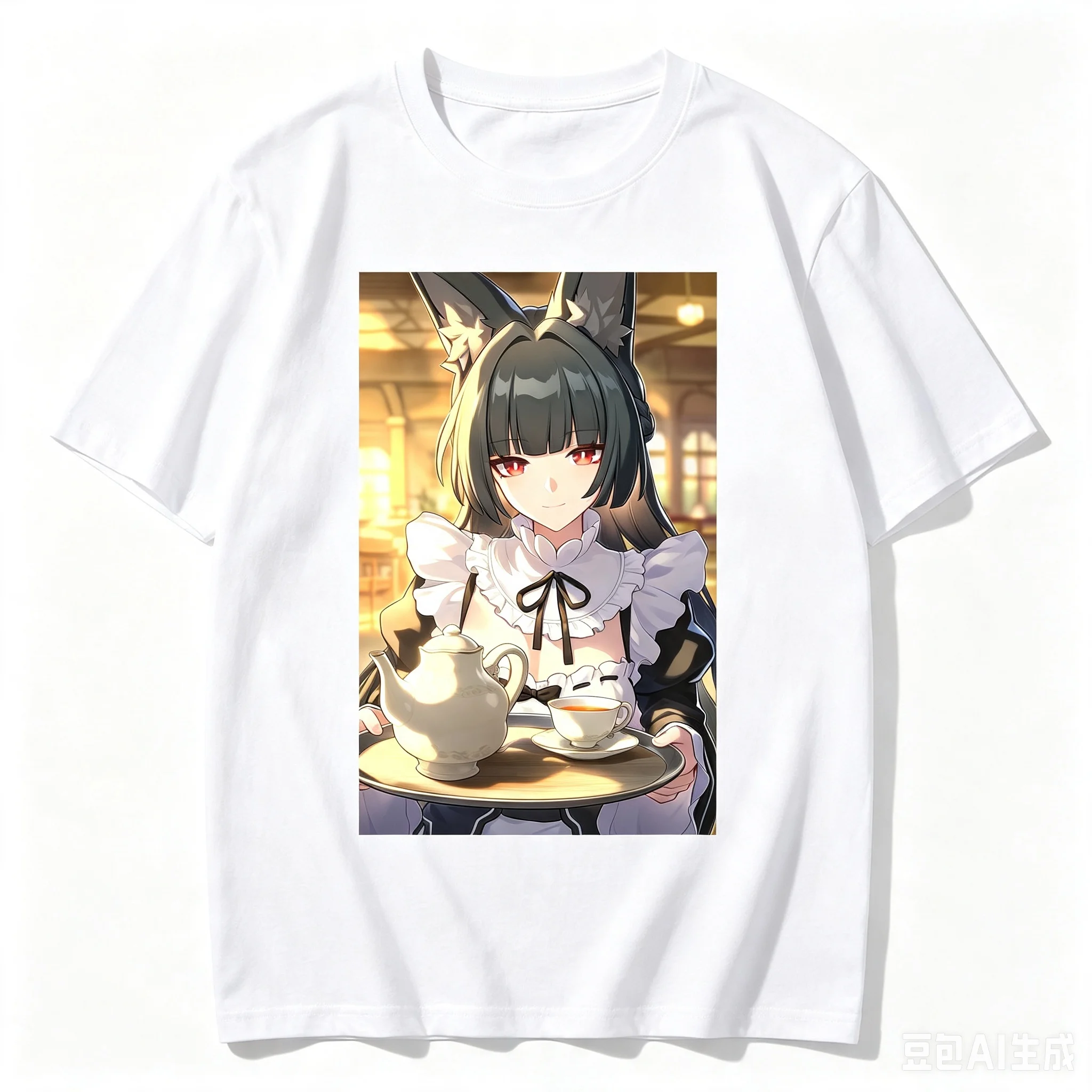 Hoshimi Miyabi Maid Outfit Tea Tray Anime Frame Graphic Crew Neck Short Sleeve Comfortable Women And Men T-shirt