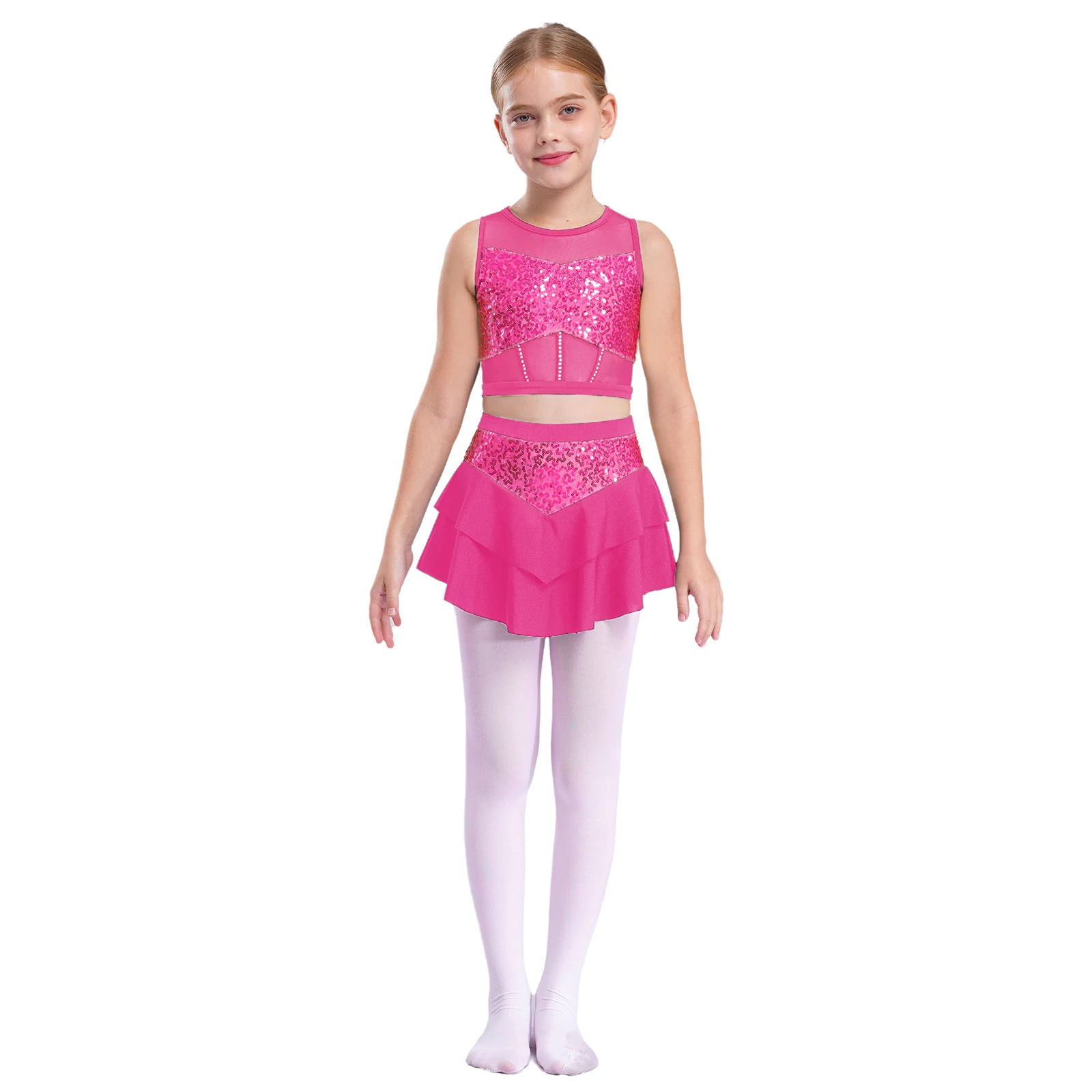 

Kids Girls Shiny Sequins Jazz Dance Outfit Sleeveless Sheer Mesh Patchwork Tank Crop Top+Tiered Skirt Cheerleading Dancewear