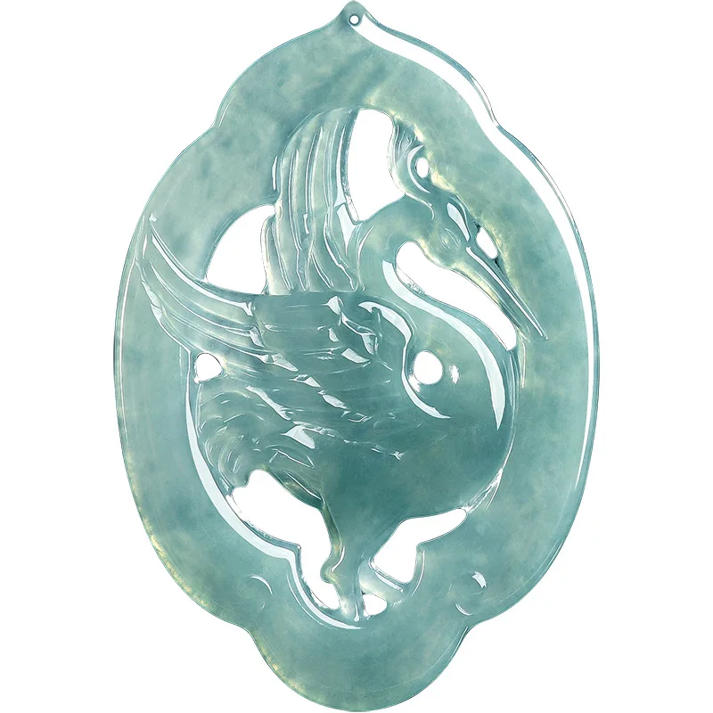 Burmese Emerald Jade Blue Water Cloudy Stream Egret Pendant Jadeite Amulets Fashion Natural Emerald Jewelry Gifts for Men Women