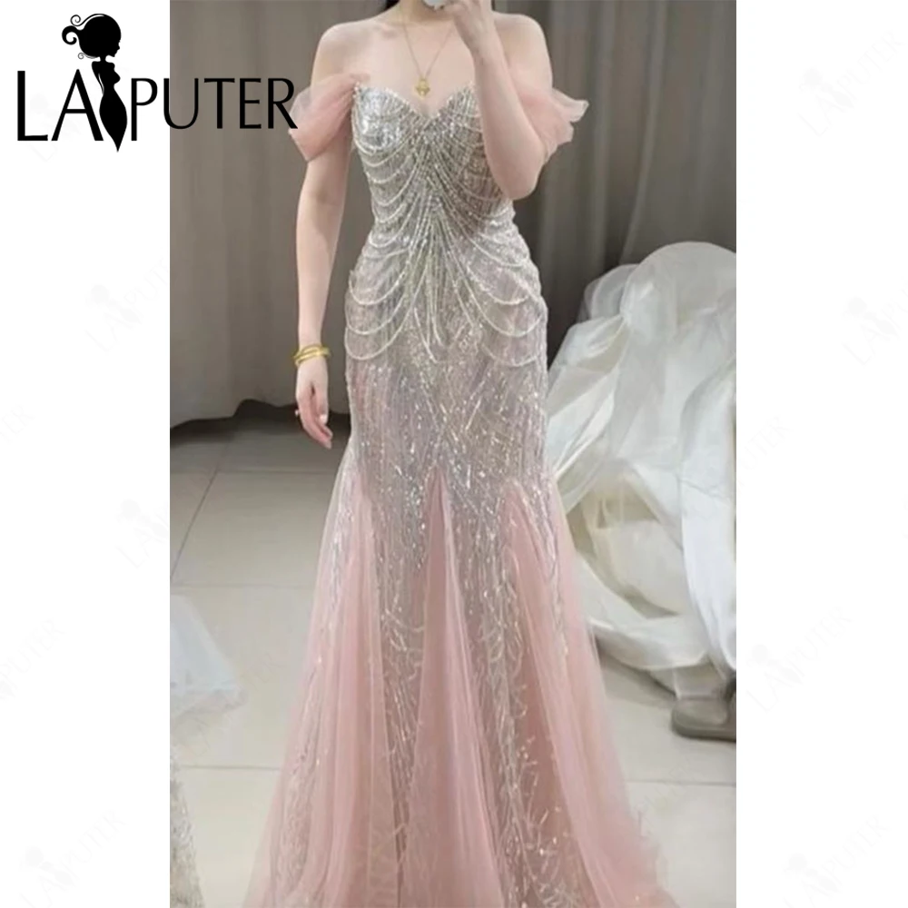 ピンクチュールマーメイドプロムドレスオフショルダーシルバークリスタルビーズスパンコールイブニングドレスサイドスリーブ女性エレガントフォーマルガウン