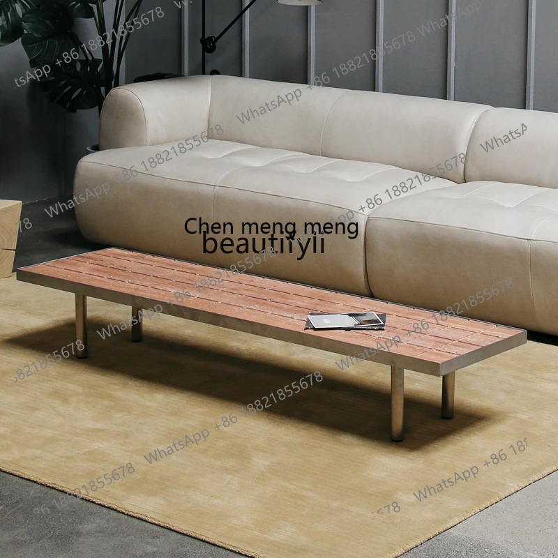 

E153 Длинный журнальный столик из красного пещерного камня, низкий столик в стиле ретро в стиле Баухаус, мраморный прямоугольный журнальный столик