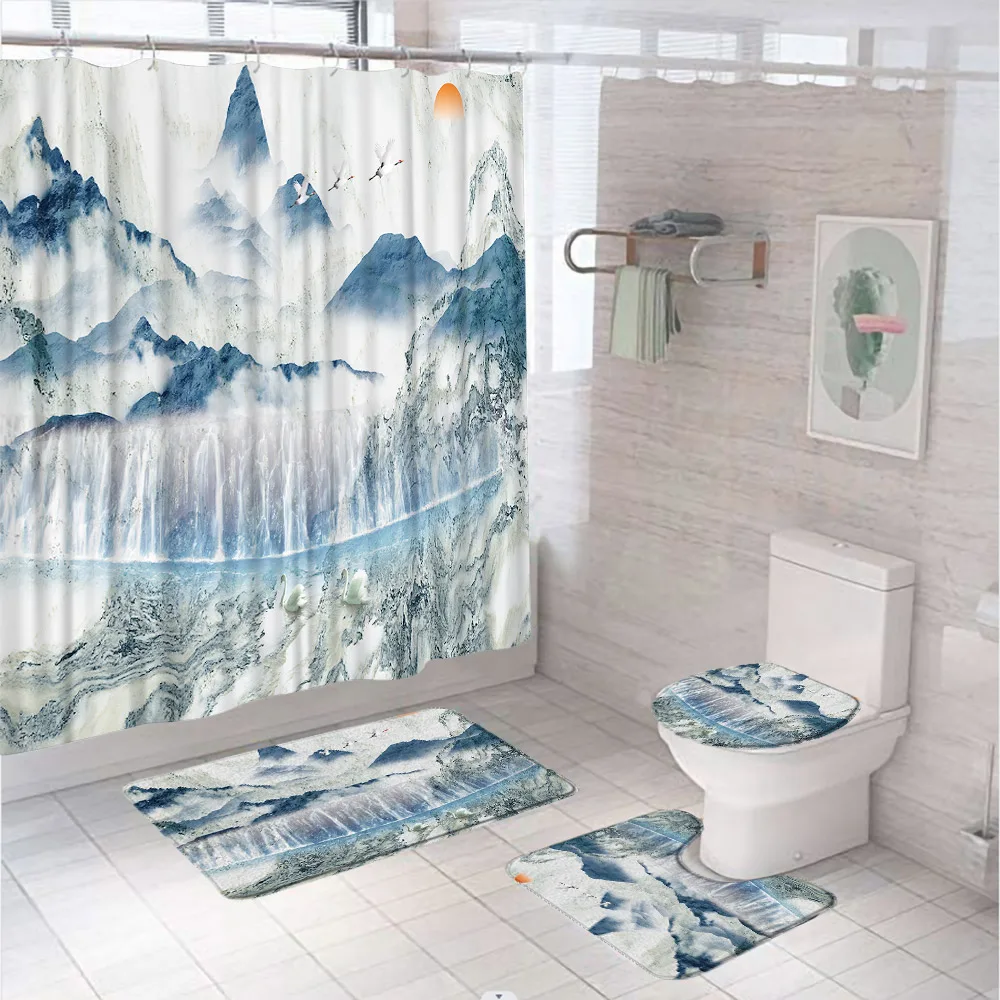 Misty Forest Mountain Shower Curtain Sets Natural Scenery Wooden Bridge Lake Tree Bathroom Screen Bath Mat Toilet Lid Cover Rugs