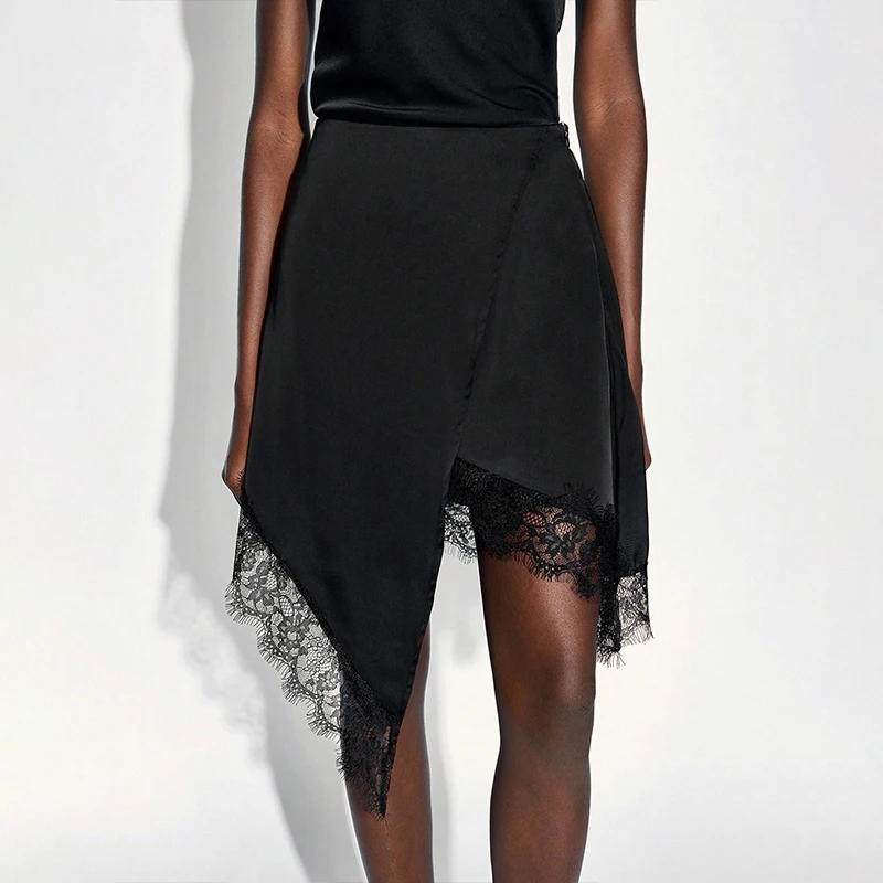 BKLD Women's Vintage Patchwork Lace Irregular Skirt 2026 Elegant Sexy Elastic Waisted Classic Black Fashion Versatile Half Skirt