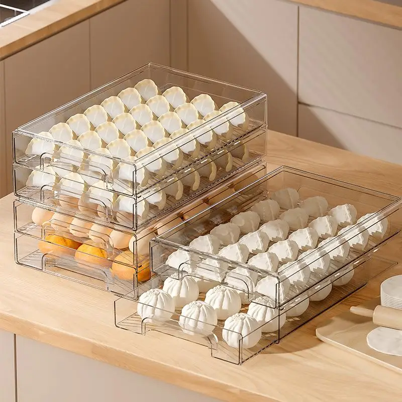 Draw-Type Fridge Storage Box Double Layer Dumpling Container Pull-Out Multi-Level Organization Plastic Food Storage Container