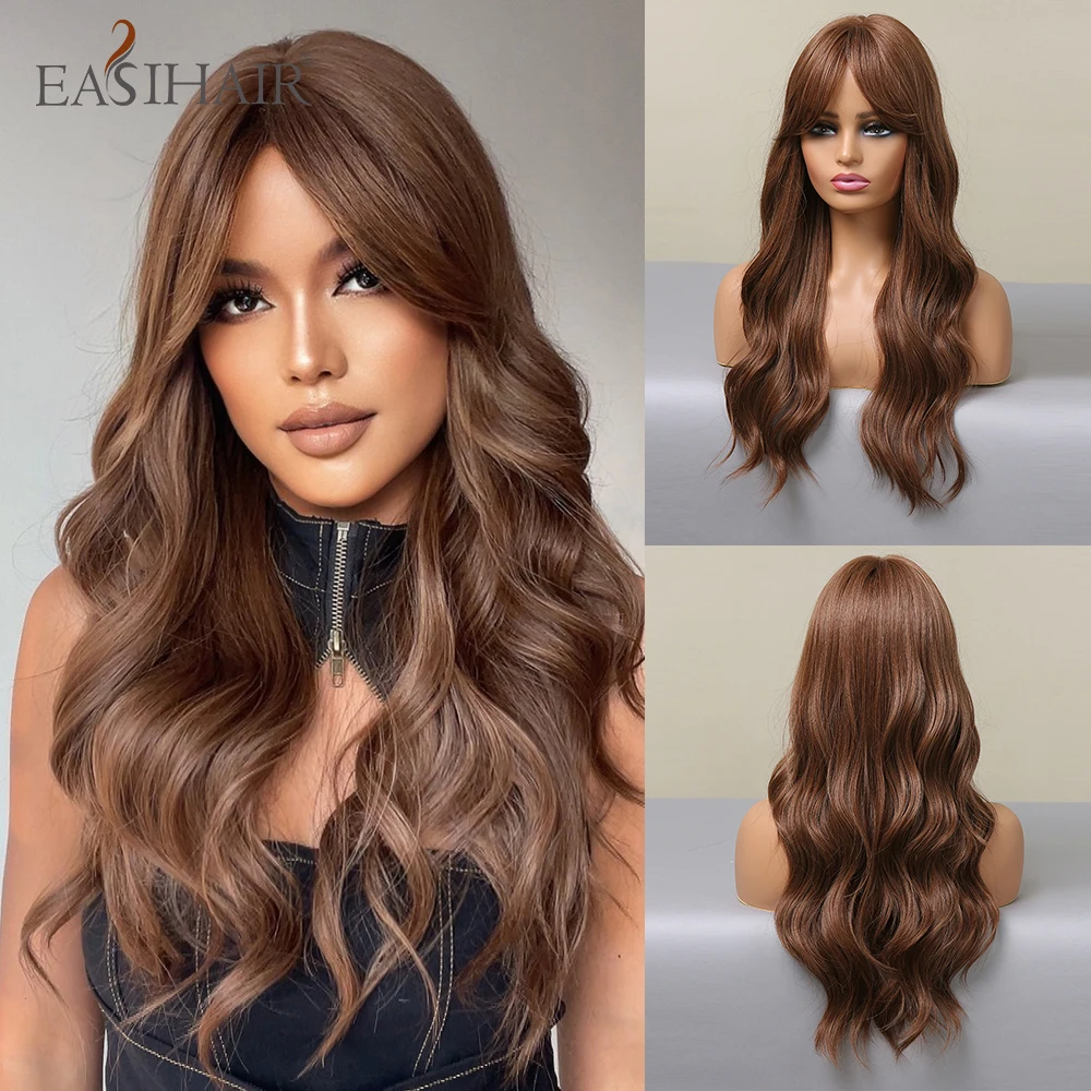 EASIHAIR Long Wavy Chestnut Brown Synthetic Wigs With Long Bangs for Women Cosplay Natural Hair Wig Heat Resistant Fiber Wig