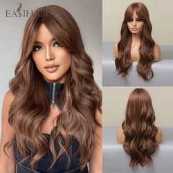 EASIHAIR Longo Ondulado Castanha Perucas Sintéticas Com Long Bangs para Mulheres Cosplay Peruca De Cabelo Natural Peruca De Fibra Resistente Ao Calor