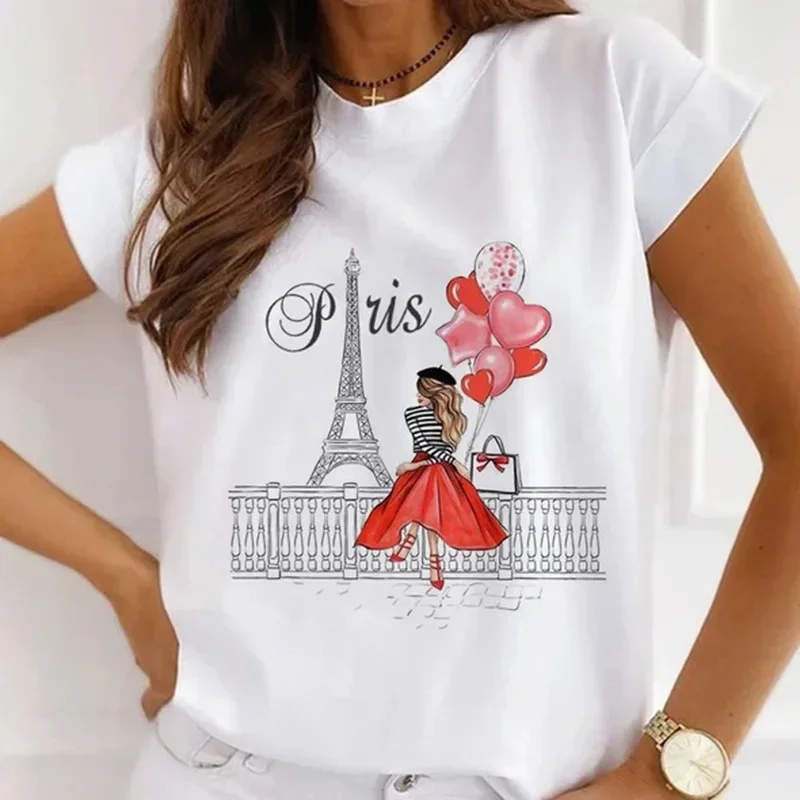 Paris Tower Print Short Sleeve Casual Women's Round Collar T-shirt Graphic T Shirts Shirts for Women Clothes Oversized T Shirt