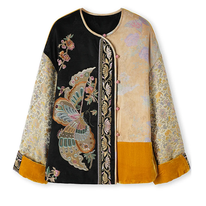 

Autumn/Winter New O-Neck Silk Velvet Fabric Embroidered， Black and Yellow Splicing Design Long Sleeve Cotton Jacket S-XL