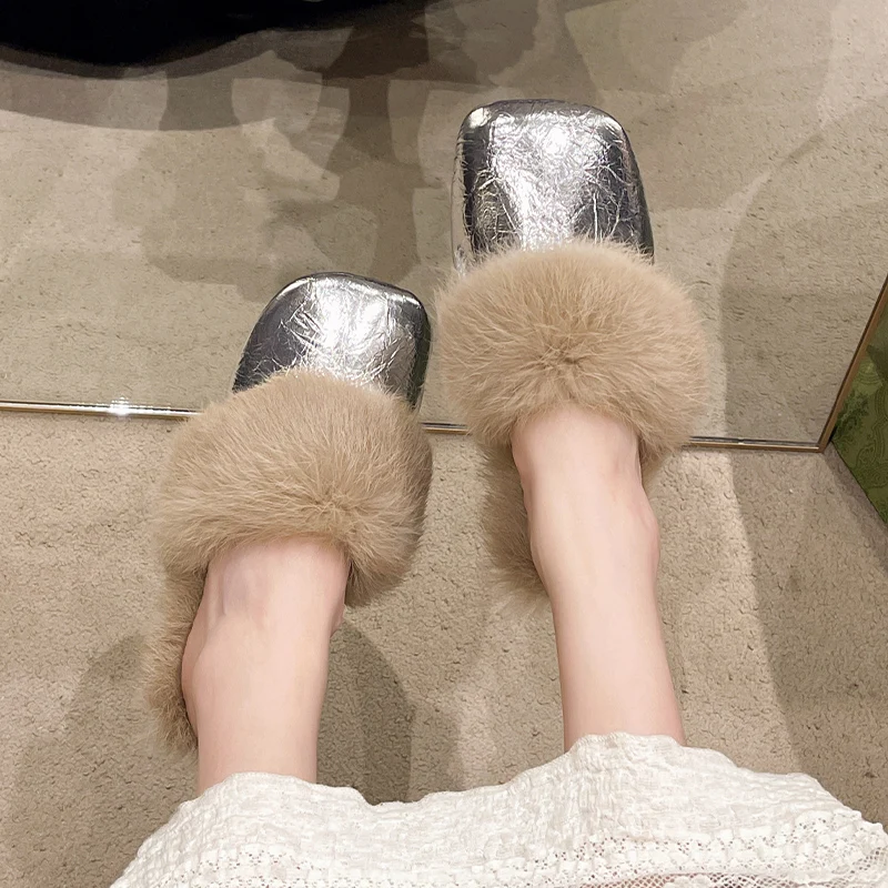 Fur Mules Shoes Women Slippers Warm Home Flats Cotton Shoes Winter 2024 Trend Fashion Flip Flops Brand Casual Plush Zapatos Lady