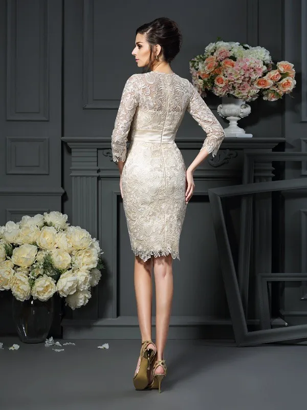 Champagne Mother Of The Bride Dresses Sheath 3/4 Sleeves Lace Knee Length Plus Size Short Groom Mother Dresses For Wedding