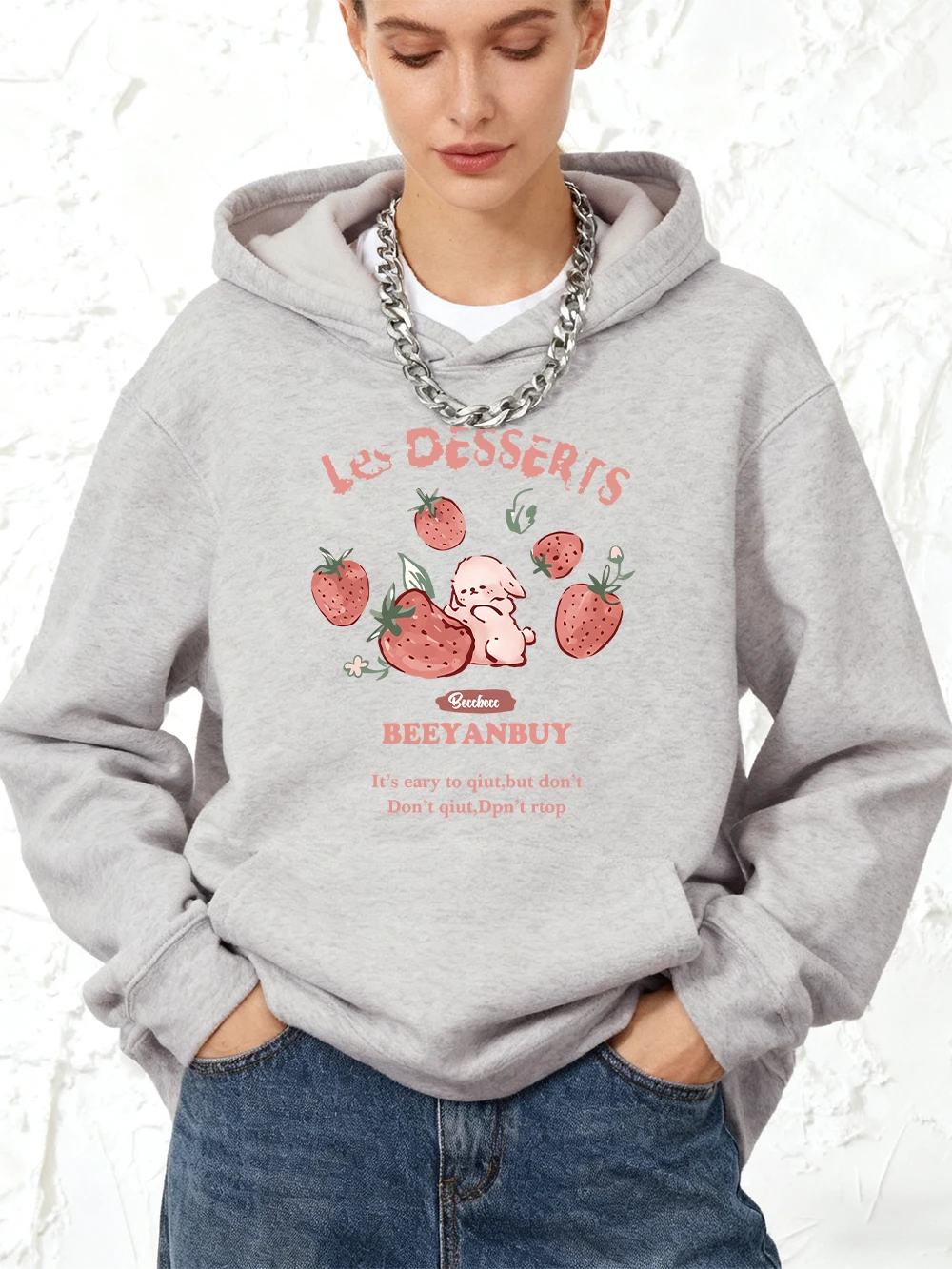 لطيف الفراولة والأرنب الطباعة هوديس القطن المرأة رياضي فضفاض البلوز الشتاء الصوف بلوزات الركض جيب الملابس #3