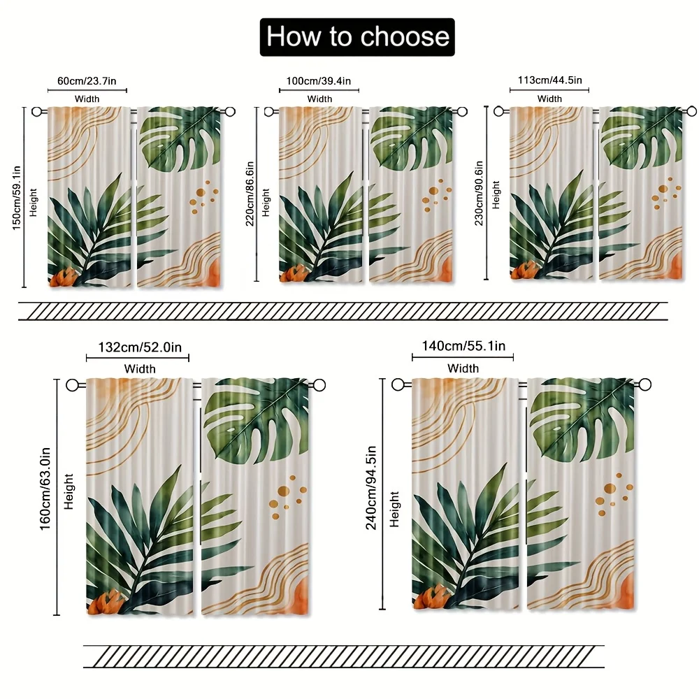 قطعتان، ستائر مطبوعة بأوراق استوائية كلاسيكية مستوحاة من الألوان المائية مع تصميم جيب قضيب، بوليستر لغرفة المعيشة والمنزل #3