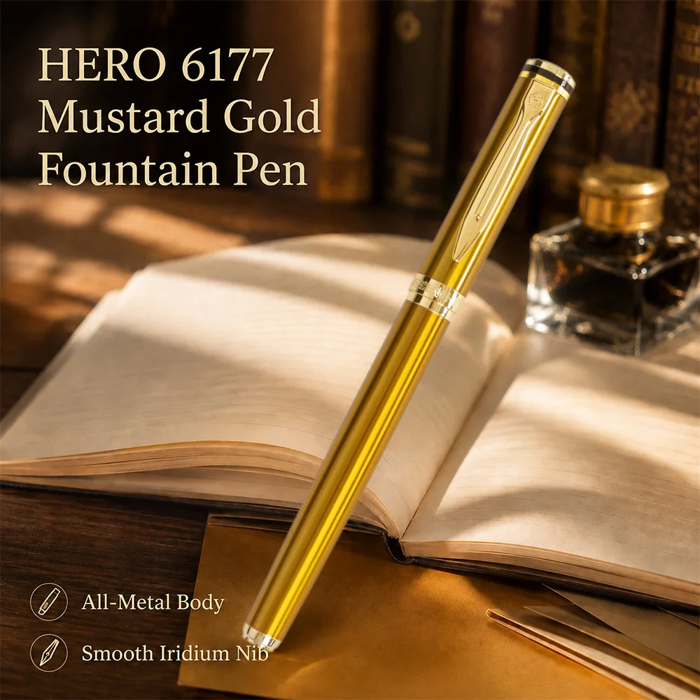 Mustard Gold HERO 6177 Fountain Pen All Metal Piano Lacquer Iridium Nib Dual Use Ink System Smooth Writing Elegant Business Si